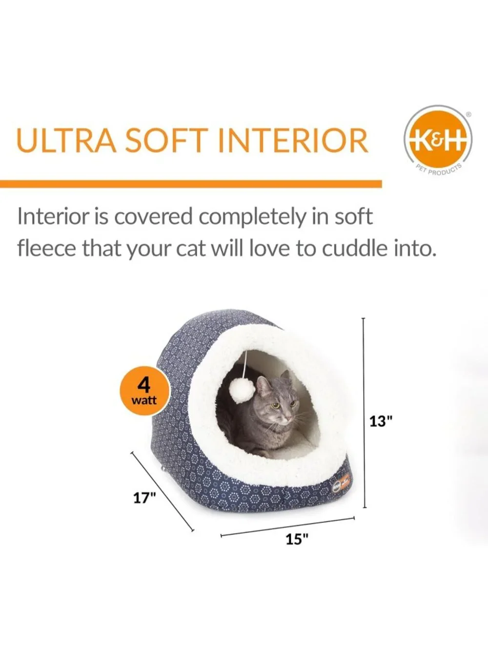 New Thermo-Pet Cave Heated Cat Bed Navy Geo Flower Design, 17x15x13 Inches